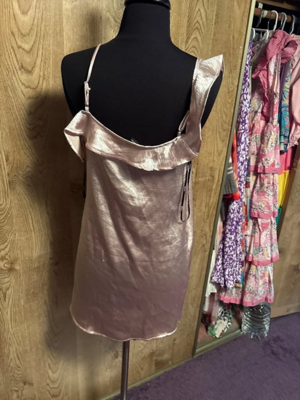 Pink Satin Ruffle Strap Slip Mini Dress - Picture 5 of 5